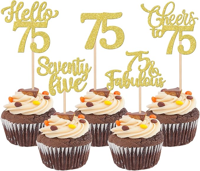 30PCS Happy 75th Birthday Cupcake Toppers Glitter Hello 75 Fabulous Seventy Five Cheers to 75 Years Old Birthday Cupcake Picks for Happy 75th Birthday Anniversary Party Cake Decor Supplies Gold