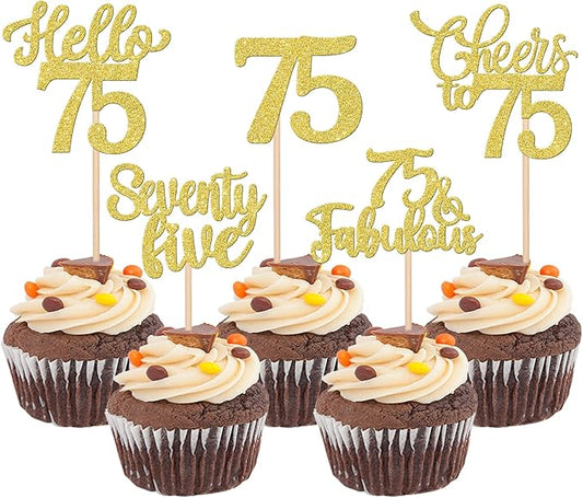 30PCS Happy 75th Birthday Cupcake Toppers Glitter Hello 75 Fabulous Seventy Five Cheers to 75 Years Old Birthday Cupcake Picks for Happy 75th Birthday Anniversary Party Cake Decor Supplies Gold