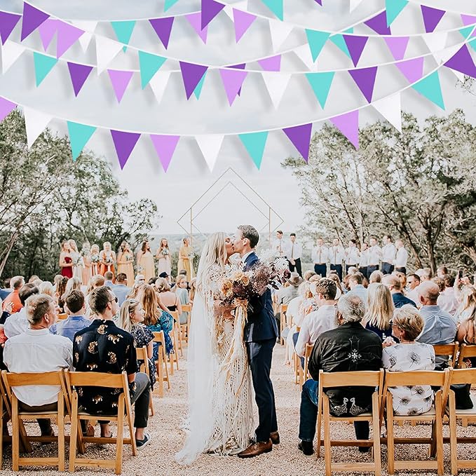 10M/32Ft Purple Aqua Blue and White Banner Decorations Triangle Flag Fabric Pennant Bunting Garland for Little Mermaid Theme Girls Birthday Wedding Bachelorette Baby Shower Under The Sea Party(36Pcs)