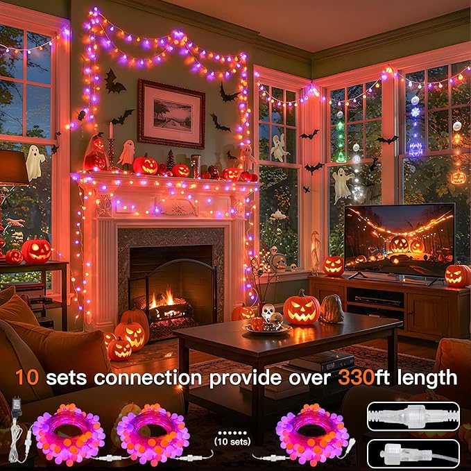 suddus Halloween Lights Indoor with Remote, 33ft 100 Led Purple and Orange Globe String Lights, Fairy Lights Plug in with 8 Lighting Modes for Bedroom, Home, Office, Halloween Decorations