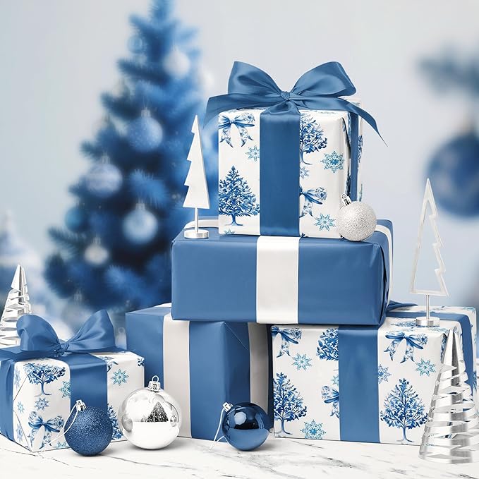 BIOBROWN Reversible Christmas Wrapping Paper - 17 Inch X 33 Feet (46.7 sq. ft. ttl.) - Holiday Trees and Bow Design Perfect for Xmas, Party, Holiday Gift Wrap