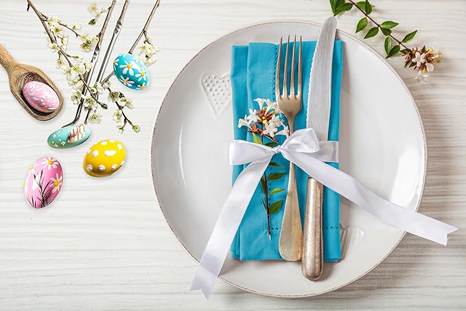 Ruvanti Premium Linen Napkins Set of 6-20x20 Inch, Classic Hemstitch, Mitered Corner Cloth Napkins ‎‎- Soft, Elegant Dinner Napkins Cloth Washable for Weddings, Parties, Everyday Use - Blue