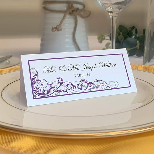 Scribble Vintage Swirl Printable Place Cards, Purple (Choose Color), Set of 60 (10 Sheets), Laser & Inkjet Printers - Wedding, Party, Dinner, and Special Events - Made in the USA