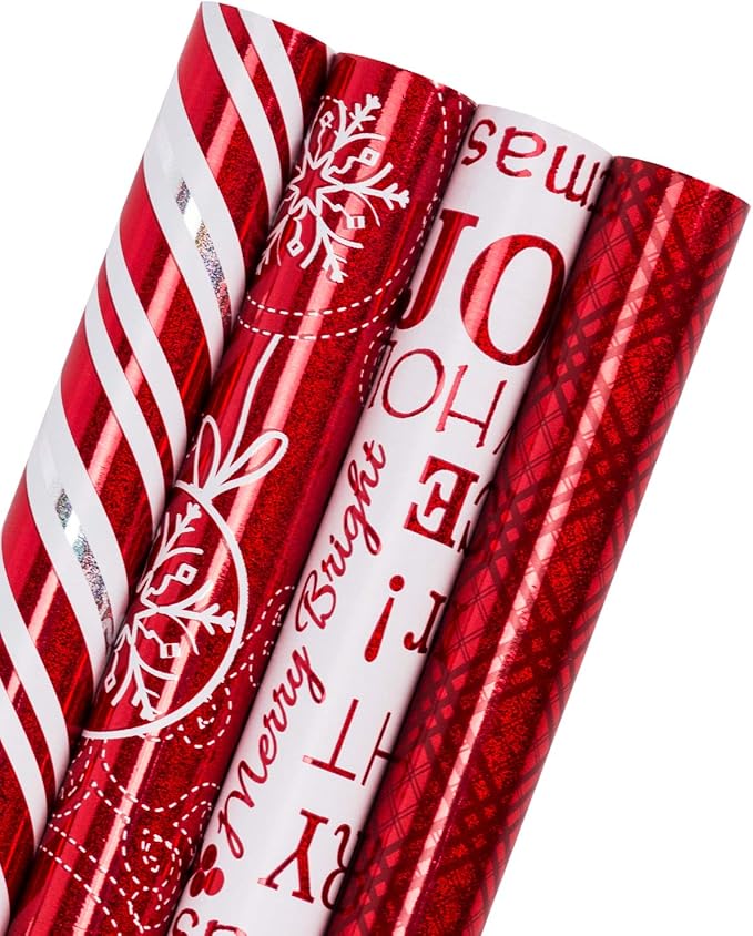 WRAPAHOLIC 30 Inch Christmas Wrapping Paper Set - Jumbo Roll Red and White Christmas Design with Metallic Foil Shine - 4 Rolls - 30 inch x 120 inch Per Roll