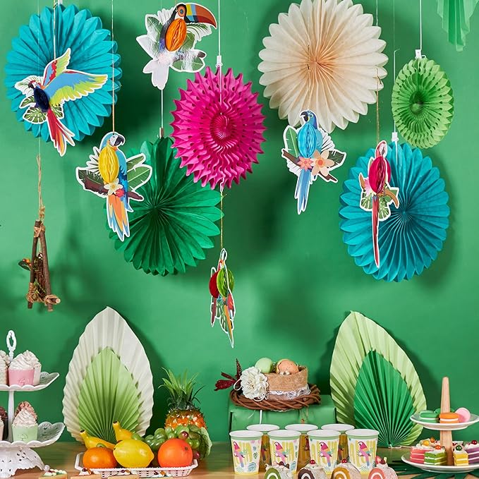 Tropical Parrot Party Decorations, Green Teal Jungle Theme Decorations for Summer Hawaiian Luau Tiki Party Supplies Hanging Tissue Paper Fans Honeycomb Balls Poms.