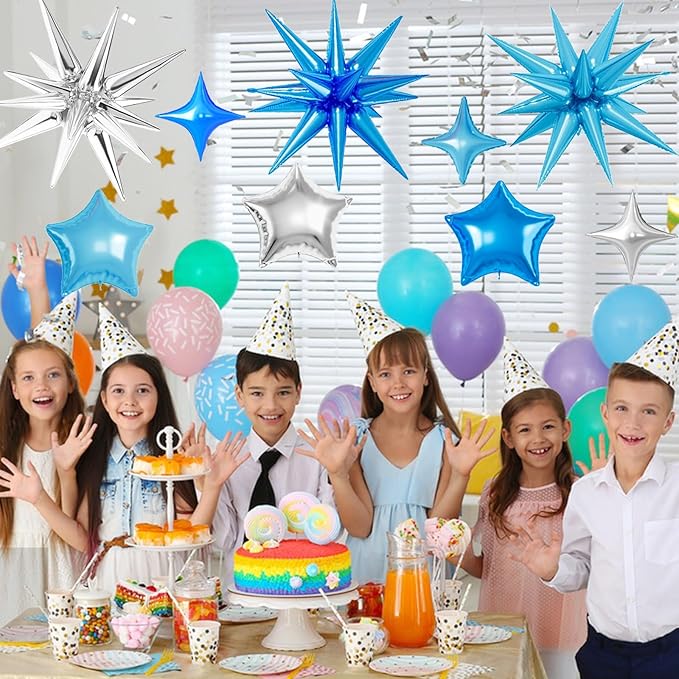 21 Pcs Star Balloons,22/18/10 Inch Star Foil Mylar Balloon,Spike Balloon and Four Pointed Balloons for Party Supplies Christmas Birthday Wedding Photo Booth (Silver Blue Light Blue)