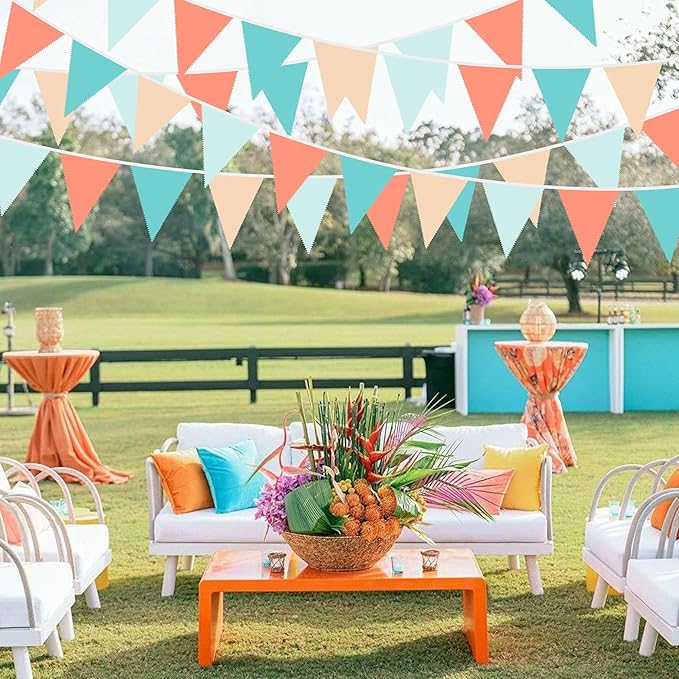 32Ft Orange Green Party Decorations Teal Blue Orange Triangle Banner Flag Pennant Fabric Garland Streamers for Summer Birthday Baby Shower Summer Tropical Hawaii Luau Tiki Magic Party Decor Supplies