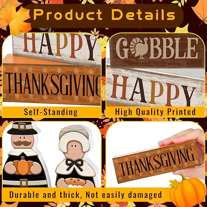 4 Pcs Thanksgiving Decoration for Home Wooden Pilgrim Couple Decor Thanksgiving Tiered Tray Decor Fall Centerpiece Rustic Decorative Pilgrim Block Sign Gift Farmhouse for Home Kitchen