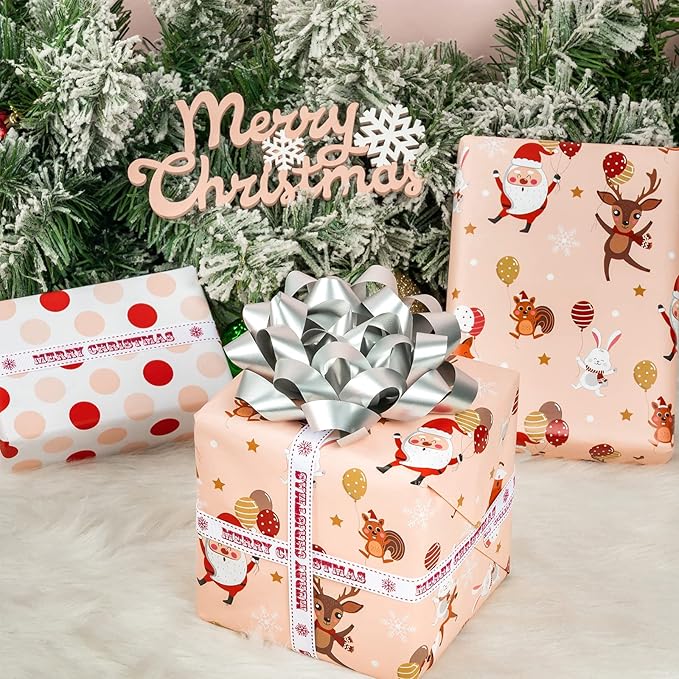 WRAPAHOLIC 30 Inch Jumbo Reversible Christmas Wrapping Paper - 30 Inch x 33 Feet - Red and Pink Dancing Santa Claus Reindeer and Colorful Polka Dots Design for Christmas, Holiday, Party