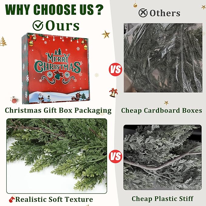 16ft Christmas Garland Realistic Soft and Thickness Green Faux Cedar Pine Garland Artificial Cedar Cypress Garland for Home Fireplace Wall Indoor Outdoor Holiday Party Home Decoration