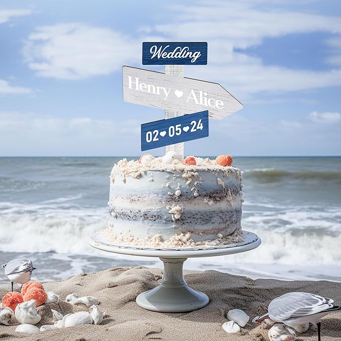 Personalized Ocean Themed Wedding Cake Topper in Wood Custom Bride & Groom Names Initials Wedding Date Cake Decoration (Navy)