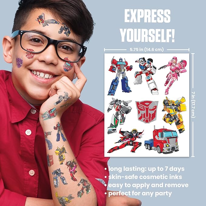 Transformers Temporary Tattoos for Kids (50 pack). Made in the USA w Certified Safe Ink. Birthday Party Supplies and Party Favors Kit. Bulk Temporary Tattoos Stickers Set for Girls and Boys.