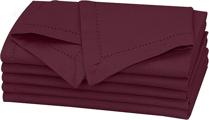 Ruvanti Premium Linen Napkins Set of 4-20x20 Inch, Classic Hemstitch, Mitered Corner Cloth Napkins ‎‎- Soft, Elegant Dinner Napkins Cloth Washable for Weddings, Parties, Everyday Use - Burgundy