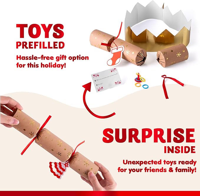JOYIN 8 Pcs 10” Christmas Non-Snap Party Table Favor with Classic Design, with Party Hat, Joke & Little Gift Inside, for Xmas Gift, Christmas Seasonal Holiday Dinner Traditions