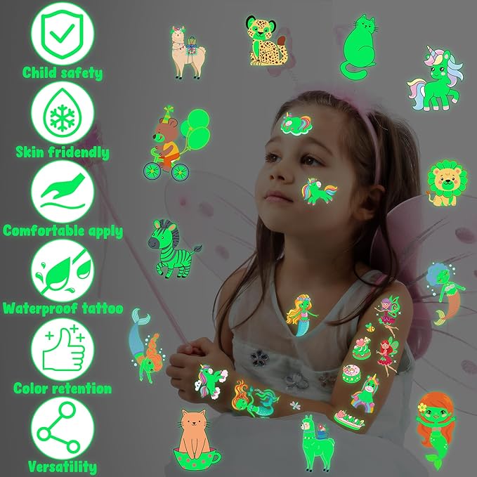 370 Patterns Party Favors for Kids, 36 Sheets Glow In Dark Stickers Luminous Temporary Tattoos, Waterproof Fake Tattoo Supplies Animal Dinosaur Mermaid Butterfly Stickers for Birthday Decorations