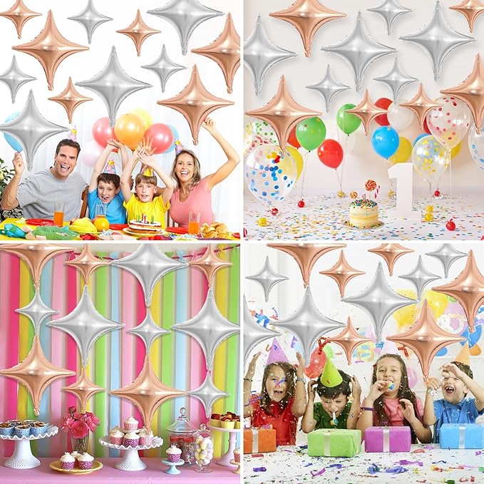 Rose Gold Silver Star Balloons,12Pcs Four Angle Star Foil Balloons,26Inch and 10Inch Rose Gold Silver Quadrangle Helium Polyester Film Balloon for Birthday Anniversary Wedding Party Decorations