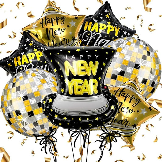 7pcs 22 Inch Happy New Year Balloons, Disco Ball Balloons And Star Foil Balloon For 2026 New Years Eve Party Supplies