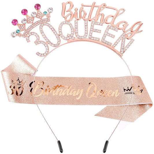 VELSCRUN 30th Birthday Queen Headband, Tiara Crown for Women, 30th Birthday Decorations for Her, Birth Queen Tiaras Crowns Sash for Women Mom Birth Party Decoration Hair Accessories Rose Gold