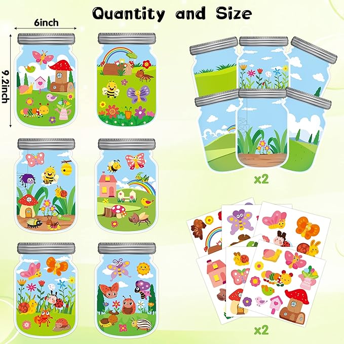 CY2SIDE 12PCS Summer Bugs Stickers Scene for Kids, Make A Bug Jar Sticker Scene with Butterfly Bee Ladybug Flower, Make Your Own Insect Stickers with Jar Scene, DIY Summer Party Games Class Activities
