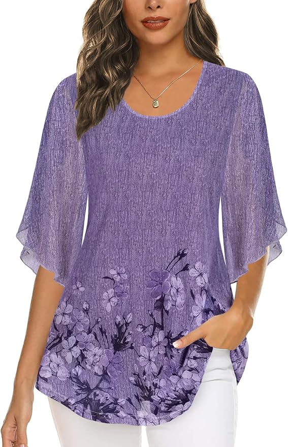 Ninedaily Women's Tops 3/4 Sleeve Blouses Dressy Casual Double Layers Mesh Tunic Shirts