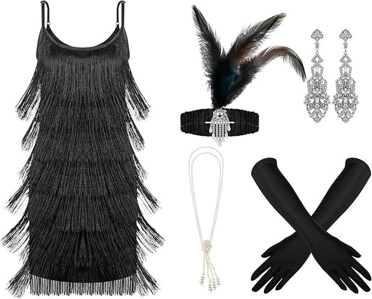 Zhanmai 6 Pcs Flapper Dress Flapper Costumes for Women 1920s Accessories Set Headband Pearl Necklace Earrings Gloves Stick