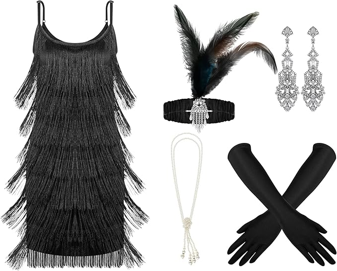 Zhanmai 6 Pcs Flapper Dress Flapper Costumes for Women 1920s Accessories Set Headband Pearl Necklace Earrings Gloves Stick