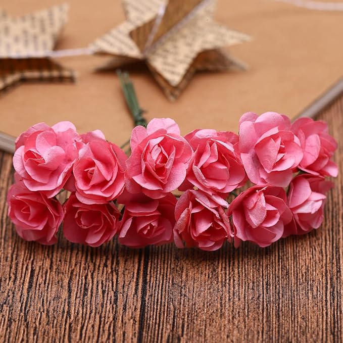 144pcs Mulberry Paper Mini Roses Artificial Flowers Heads with Stems for DIY Crafts Accessories Make Bridal Hair Clips Headbands Dress Wedding Bridal Bouquets Party Home Decor Valentine's (Blush Pink)
