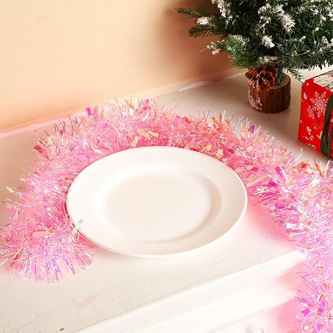 Dilunave 40 Feet Christmas Tinsel Garland Metallic Foil Twist Tinsel Garland Decoration for Christmas Tree, Wedding, Birthday and Party Hanging Decorations(Pink, Rainbow)