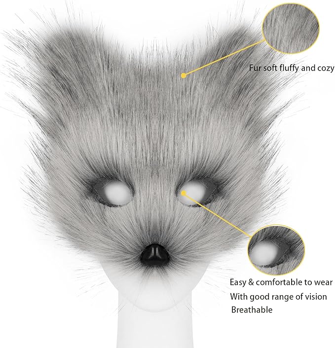 Adolala Faux Fur Fox Tail Cat Wolf Set Plush Mask Fluffy Paw Gloves Halloween Christmas Party for Women