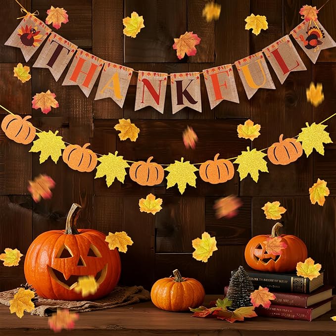 Fall Party Decorations, with Pre-Strung Thankful Burlap Banner and 100 Pcs Maple Leaf Confetti for Autumn Thanksgiving Home Decorations
