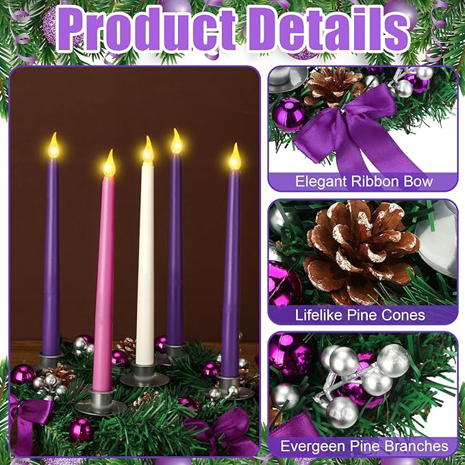 Tioncy 12 Inch Christmas Advent Wreath Candle Holder with 5 Flameless Candles Remote Control Wreaths Holder Centerpiece Decoration with Berries(Stylish,11 x 0.8 x 0.8 in)