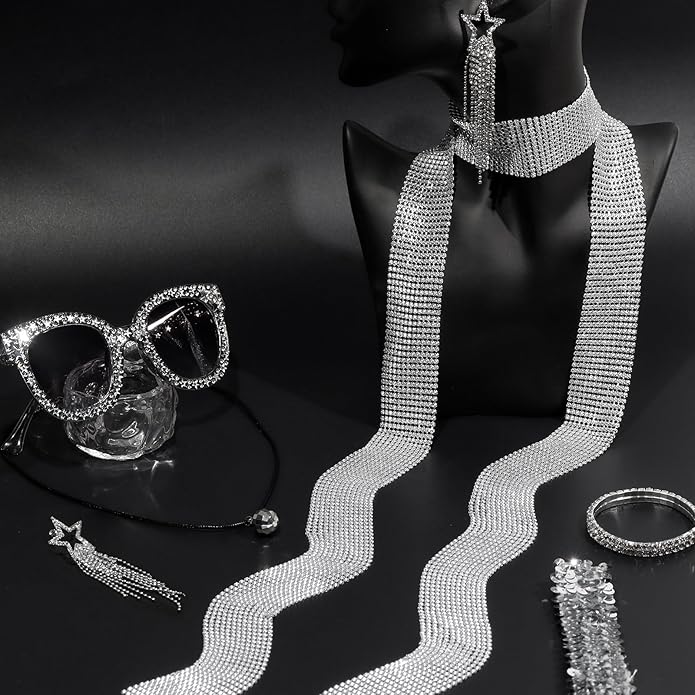 6 Pcs 70s Women Disco Accessories Sequin Scarf Headband Bracelet Necklace Earrings Sunglasses for Halloween Disco Costume