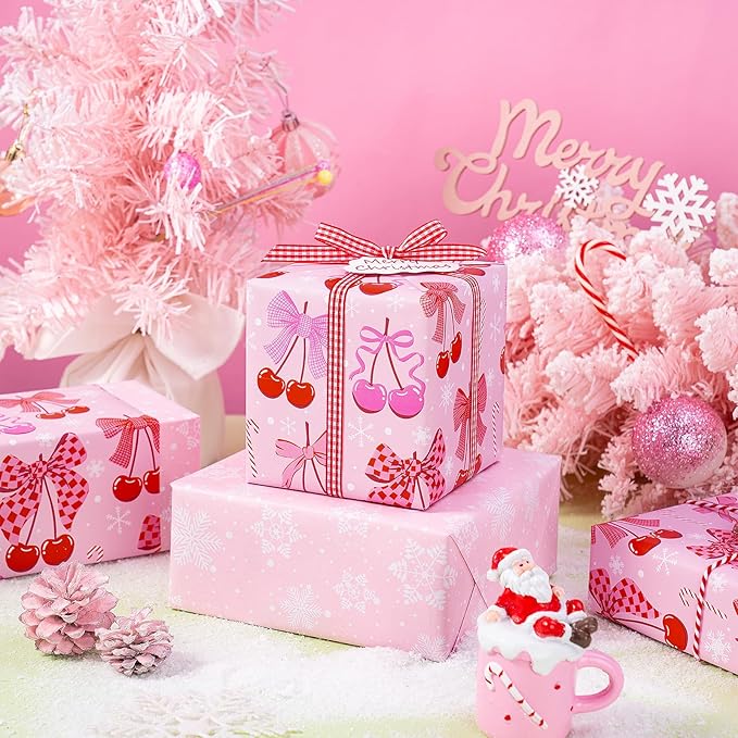 RUSPEPA Reversible Christmas Bow Wrapping Paper Roll, Mini Roll, Pink Romantic Cherry Bow and Candy Cane Design, White Snowflake Gift Wrap Paper for Girls, Women, Holiday Gifts, 17 Inches x 32.8 Feet