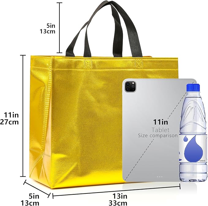 KeerxunBag 12Pcs Reusable Gift Bags（Includes Tissue Paper） Gift bag with handle Birthdays Parties Holidays Weddings Medium 13x5x11in Golden Yellow Gift Bags