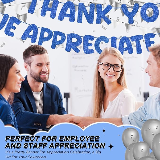 Fulmoon Pre Strung Thank You We Appreciate You Glitter Banner Funny Appreciation Banner for Employee Coworker Staff Teacher Thank Sign Party Decorations(Navy Blue)