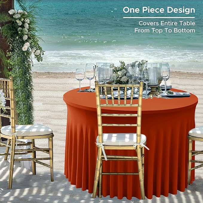 HolidayIdeas 6 Pack Spandex Table Skirts for 60 Inch Round Table, Fitted Stretch Ruffle Cover for Wedding Receptions, Holiday Parties, Rust