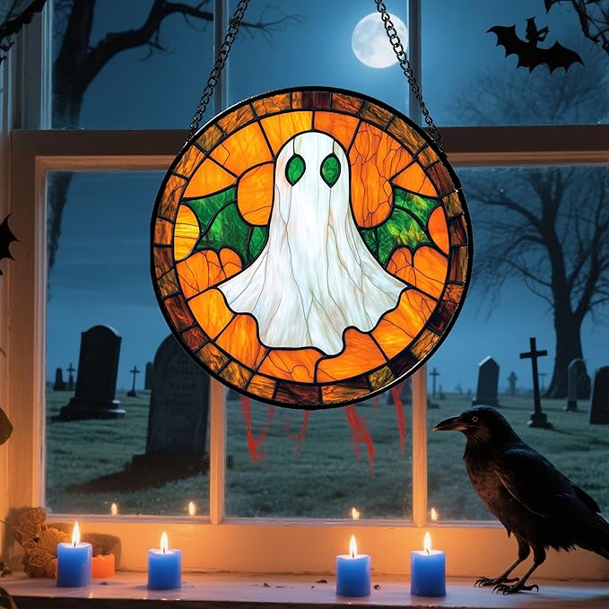 Stained Glass Window Hanging - Halloween Decorations Bat Wings Ghost Suncatcher for Doors Garden Indoor Spooky Funny Sun Catchers Gothic Decor Horror Gifts for Women Men Friend 9.8 in