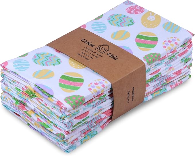 Urban Villa Easter Cloth Napkins Easter Eggs Print 100% Cotton Dinner Napkins Set of 12 (20x20 Inches) Highly Absorbent Soft Durable Washable Reuasble Ideal for Everyday Use Wedding Parties