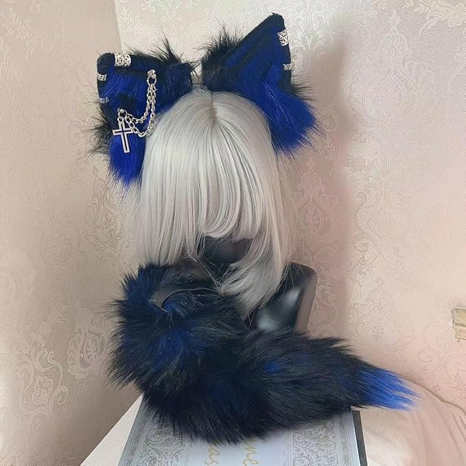 Wolf Ears Tail Set Fox Wolf Headbands Clips Fluffy Cosplay Costumes, Gothic Punk Accessories for Halloween