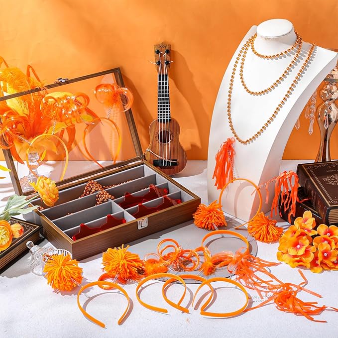 50 Pcs Orange Holiday Team Spirit Party Accessories Pom Pom Party Headbands Star Shape Sunglasses Bead Necklaces Stuff Favors for Birthday Wedding Supplies(Classic)
