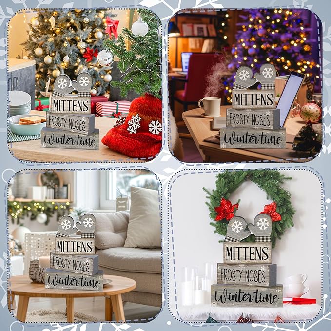 4 Pcs Christmas Table Decorations Wooden Gloves Decor Winter Tiered Tray Decor Rustic Snowflake Block Signs Gift Farmhouse Christmas Centerpiece for Winter Wonderland Party Kitchen Home