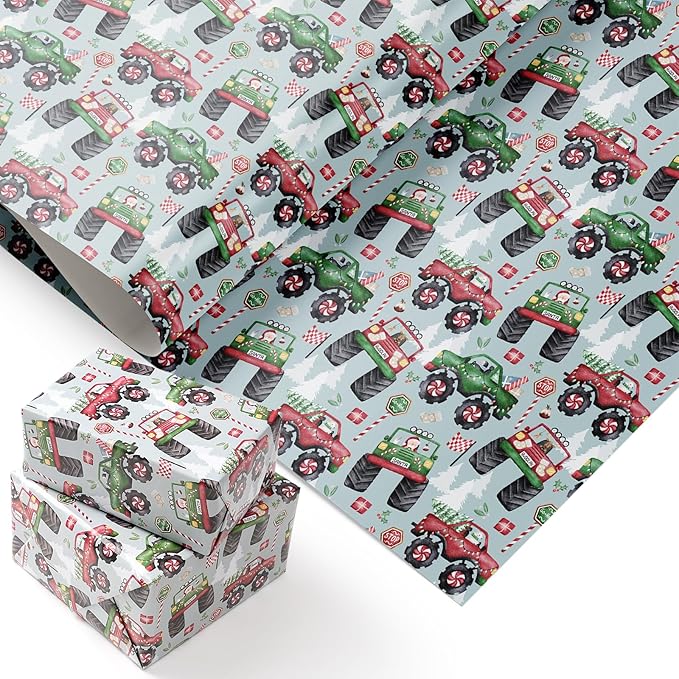 PlandRichW Monster Truck Christmas Wrapping Paper - Colorful Monster Trucks with Xmas Trees & Holiday Patterns - 40×28 Inch Xmas Gift Wrap, 4 Folded Sheets for Kids & Adults