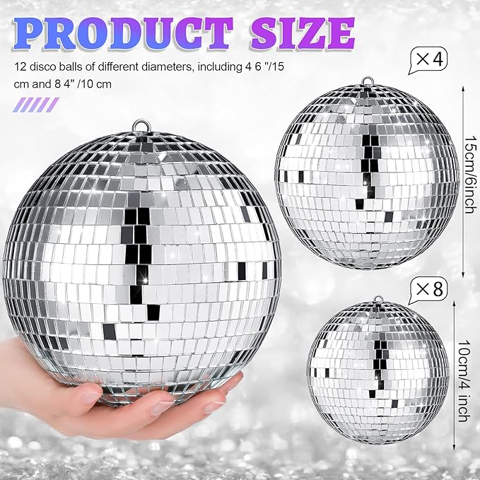 Libima 12 Pack Large Christmas Disco Ball Decoration Different Sizes Silver Mirror Hang Disco Ball Ornaments for Christmas Tree Birthday Wedding Holiday Party Favors Prom Props(6'', 4'')