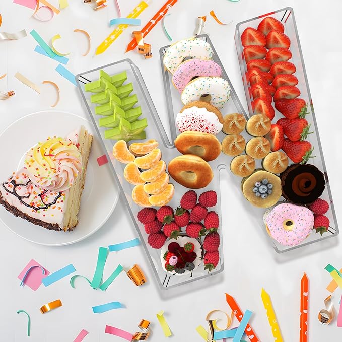 13.8" Extra Large Acrylic Letter Charcuterie Board Box, Reusable Fillable Letter Cake Candy Dish Display Serving Tray for Birthday Anniversary Party Decoration (W)