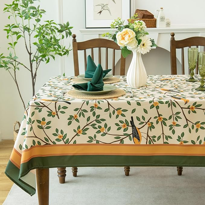 French Tablecloth Waterproof, Kumquat and Oriole Vintage Style Print – Stain Resistant, Washable Fabric Table Cover for Dining, Kitchen, Party, Vibrant Nature-Inspired Home Decor, W60 x L84