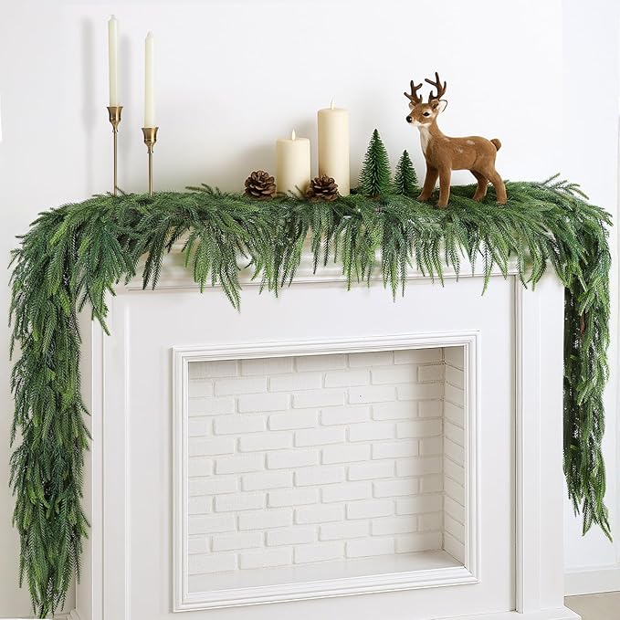6FT Norfolk Pine Garlands for Decoration, Real Touch Christmas Greenery Garland for Staircase, Mantel, Fireplace, Wall, Home Holiday Outdoor Indoor Christmas Decorations, Easy to Shape, 1P