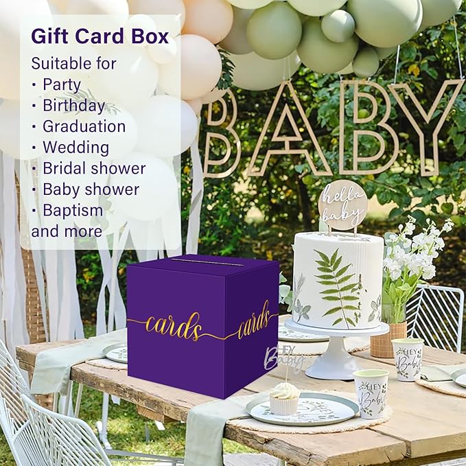 1 Pack Purple and Gold Foil Card Box for Party, 8.7" Purple Gift Card Box Money Box for Birthday, Wedding, Baby Shower, Retirement, Anniversary, Bridal Shower, Graduation, Raffle Ticket
