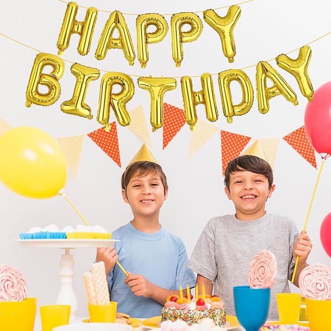 LIOZEOKUN Happy Birthday Balloon Letters 16 inch Mylar Foil Birthday Balloons Banner Sign for Birthday Party Decorations Supplies (Gold)