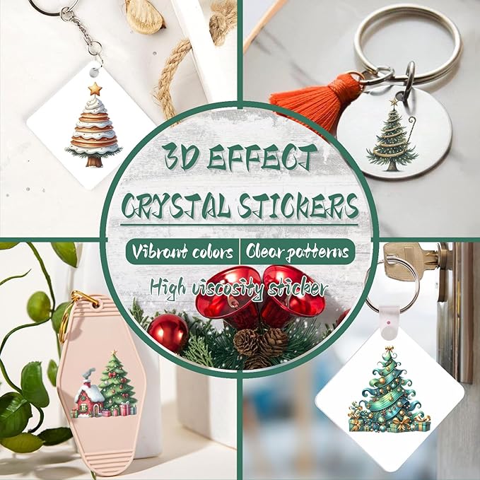 UV DTF Keychain Sticker,48 Sheets Cute Christmas Tree Transfer Stickers Suitable for Hotel Keys,and Crafts Decoration