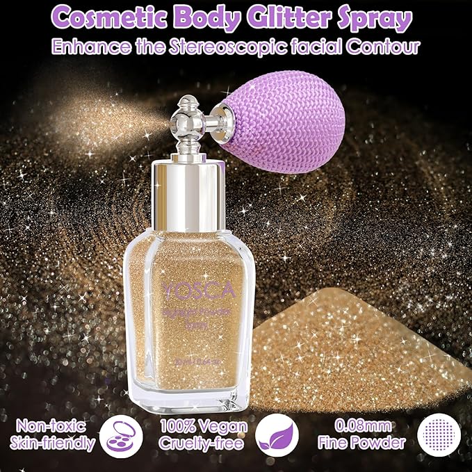 Yosca Body Glitter Spray, 30ML Loose Body Shimmer Powder Hair Spray Fine Glitter Sparkle Highlighter Makeup Mardi Gras Festival Concert Party Rave Accessories for Rave Clothes Hair Face Nail Art
